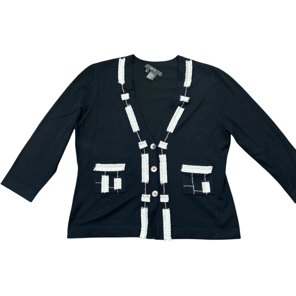 EUC Per Se by Carlisle Eyelash Trim Black, Cream Silk Blend Cardigan Size Large